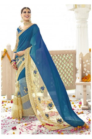 Blue Colored Embroidered Faux Georgette Net Partywear Saree 96059