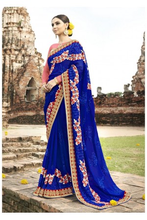 Blue Colored Embroidered Faux Georgette Wedding Saree 87078