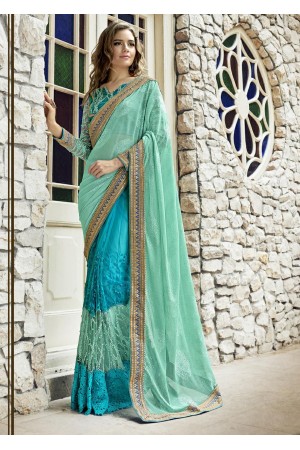 Blue Colored Embroidered Net Wedding Saree 1026