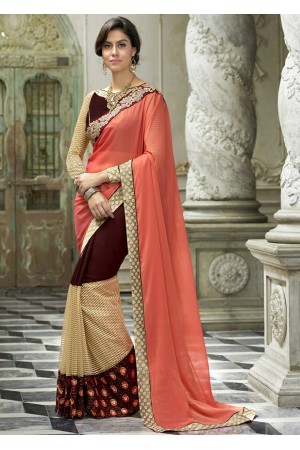 Brown Colored Border Worked Georgette Chiffon Festive Saree 97056