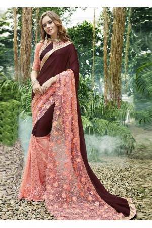 Brown Colored Embroidered Chiffon Festive Saree 96070