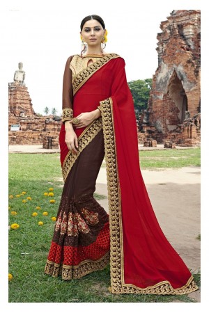 Brown Colored Embroidered Faux Georgette Festive Saree 87073