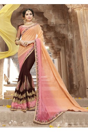 Brown Colored Embroidered Faux Georgette Festive Saree 87095