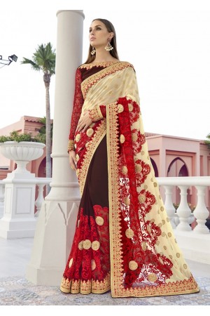 Brown Colored Embroidered Faux Georgette Net Festive Saree 1408