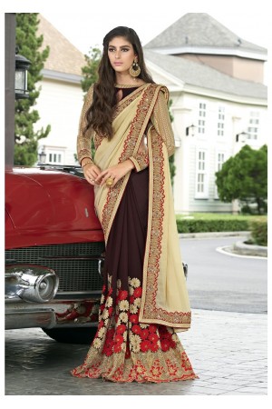 Brown Colored Embroidered Faux Georgette Partywear Saree 87087