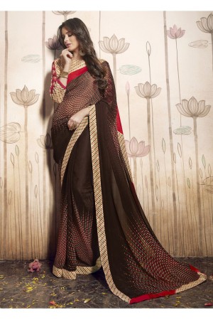 Brown Colored Printed Faux Georgette Saree 31036 