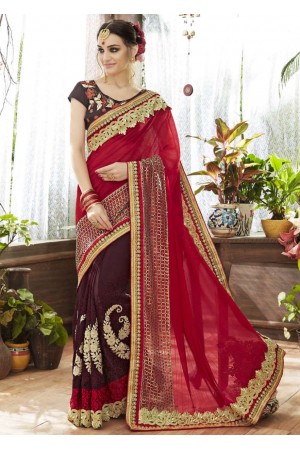 Brown Faux Georgette Half n Half Embroidered Saree 87064