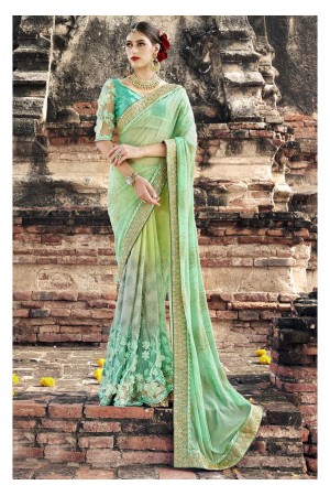 Green Colored Border Worked Crape Net Wedding Saree 1034