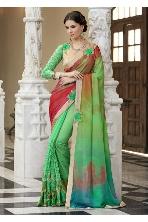 Green Colored Border Worked Satin Chiffon Festive Saree 97049