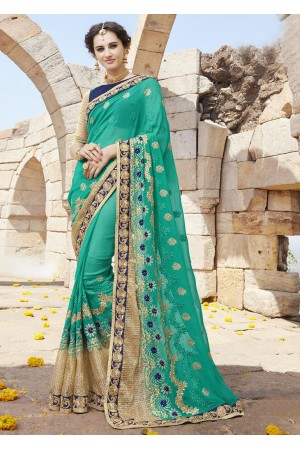 Green Colored Embroidered Faux Georgette Festive Saree 87090