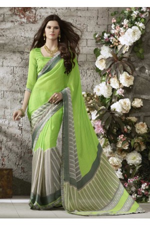 Green Colored Printed Satin Chiffon Saree 1122