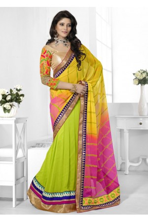 Green Georgette Chiffon Lehriya Printed Half n Half Lehenga Saree 46002