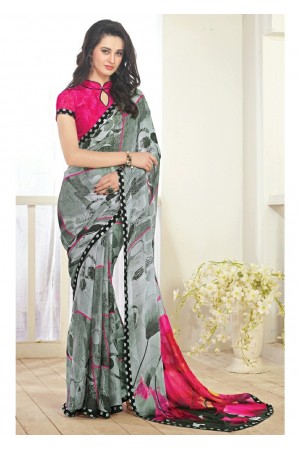 Grey Colored Printed Faux Georgette Saree 61002