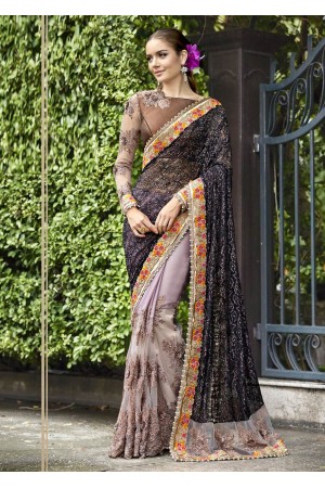 Grey Satin Traditional Embroidered Saree 1031