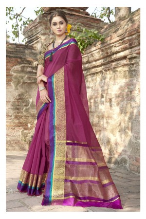 Magenta Colored Woven Blended Cotton Officewear Saree 5206