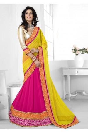 Magenta Georgette Net Border Worked Half n Half Lehenga Saree 38003