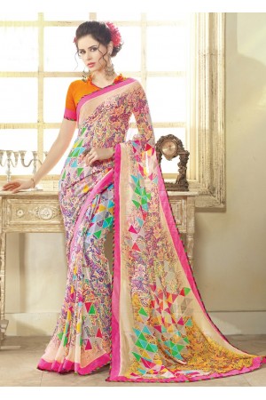 Multi Colored Printed Faux Georgette Saree 75046