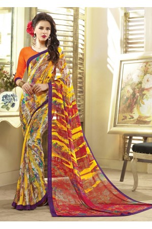 Multi Colored Printed Faux Georgette Saree 75048