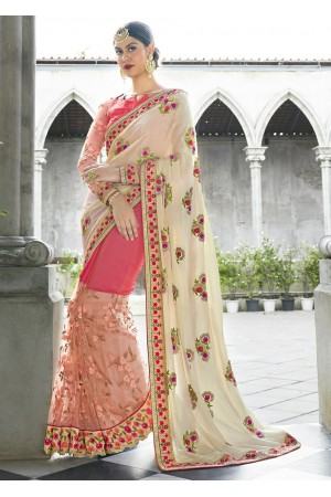 Off White Colored Embroidered Chiffon Net Wedding Saree 1048