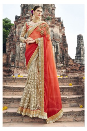 Off White Colored Embroidered Crape Net Chiffon Wedding Saree 1040