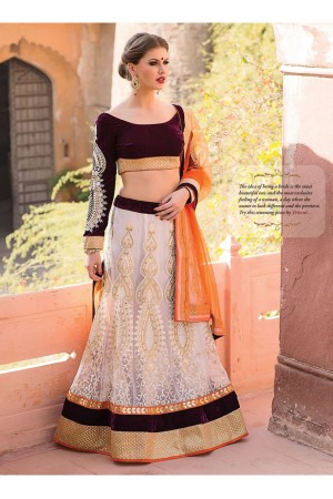 Off White Colored Embroidered Net Lehenga Choli 67003