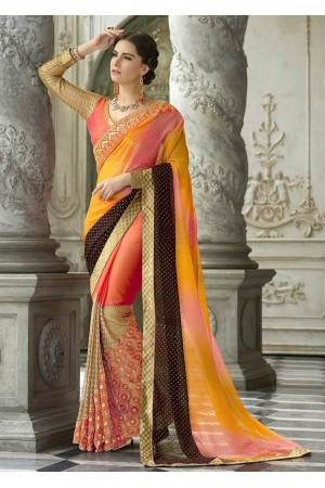 Orange Colored Border Worked Chiffon Festive Saree 97052