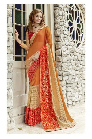 Orange Colored Border Worked Faux Georgette Festive Saree 96075