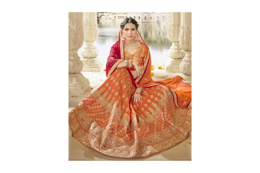 Embroidered & Sequins Orange Wedding Lehenga Choli