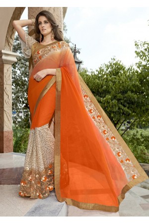 Orange Colored Embroidered Chiffon Georgette Net Festive Saree 97068