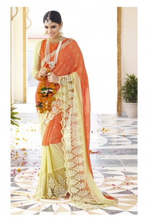 Orange Colored Embroidered Faux Georgette Net Festive Saree 96057