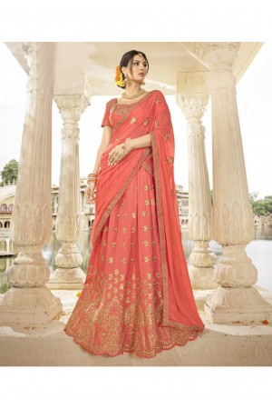 Peach Art Silk Traditional Embroidered Lehenga Choli 1308
