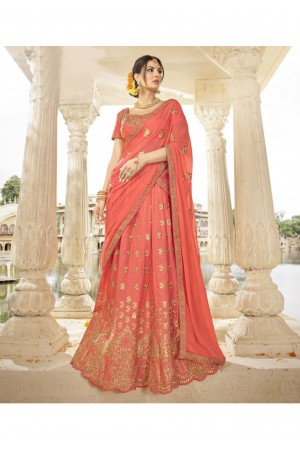 Peach Art Silk Traditional Embroidered Lehenga Choli 1308