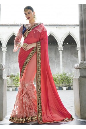 Peach Colored Border Worked Chiffon Net Partywear Saree 1045