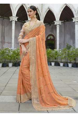 Peach Colored Border Worked Shimmer Wedding Saree 1044