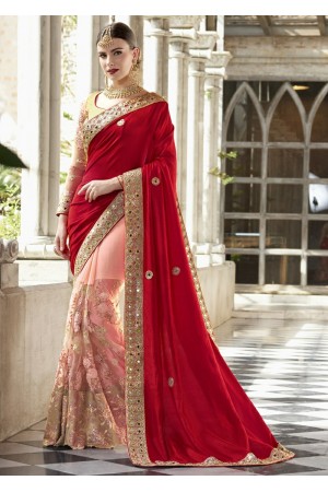 Peach Colored Embroidered Net Chiffon Art Silk Wedding Saree 1041