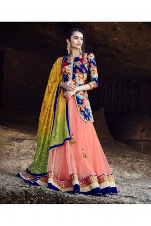 Peach Colored Embroidered Net Lehenga Choli 88014