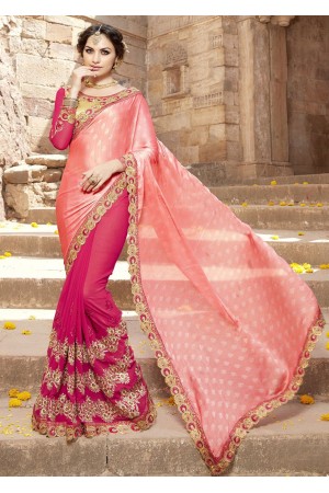 Pink Colored Embroidered Faux Georgette Satin Festive Saree 87093