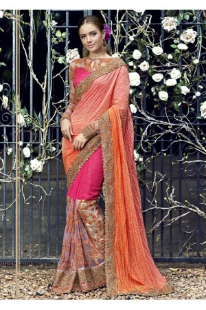Pink Colored Embroidered Satin Chiffon Net Wedding Saree 1030
