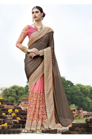 Pink Crape Half n Half Embroidered Saree 1036