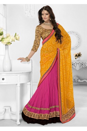 Pink Net Georgette Bandhej Printed Half n Half Lehenga Saree 46001