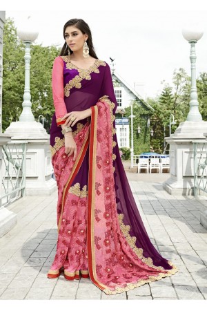 Purple Colored Embroidered Faux Georgette Festive Saree 87084