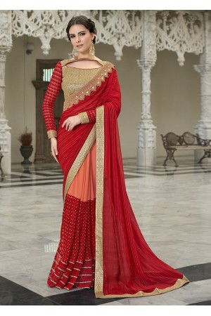 Red Colored Border Worked Faux Georgette Festive Saree 97048