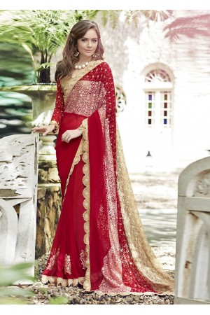 Red Colored Embroidered Chiffon Festive Saree 96066