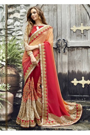 Red Colored Embroidered Chiffon Net Partywear Saree 1027