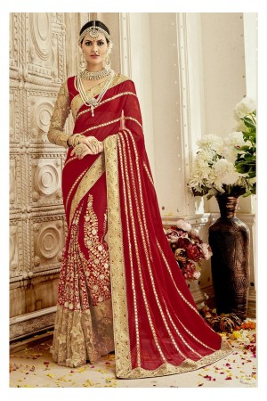 Red Colored Embroidered Faux Georgette Wedding Saree 1104