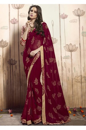 Red Colored Printed Faux Georgette Saree 31025 