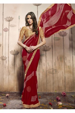 Red Colored Printed Faux Georgette Saree 31030 