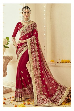 Red Faux Georgette Embroidered Bridal Saree 1201