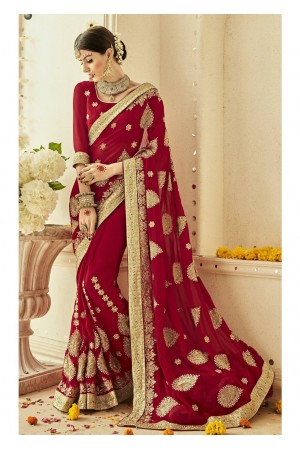 Red Faux Georgette Embroidered Bridal Saree 1203