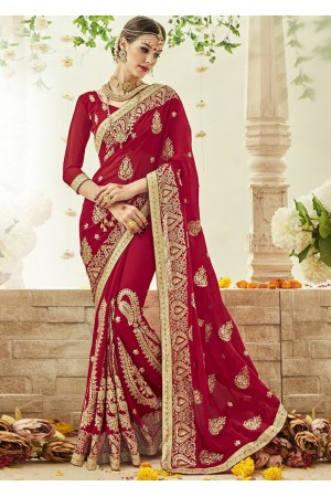 Red Faux Georgette Embroidered Bridal Saree 1207